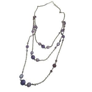 Silver-Tone Chain Necklace With Purple Crystal Faceted Beads Multi-Strand Career